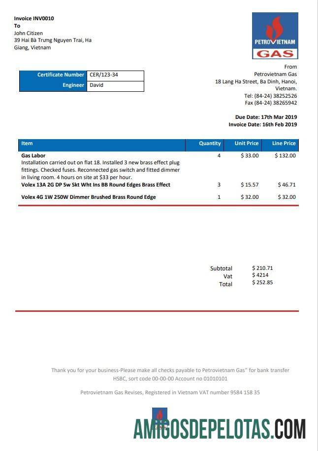 Para baixar modelo de conta de serviços públicos de gás do Vietnã Petrovietnam em formato Word e PDF